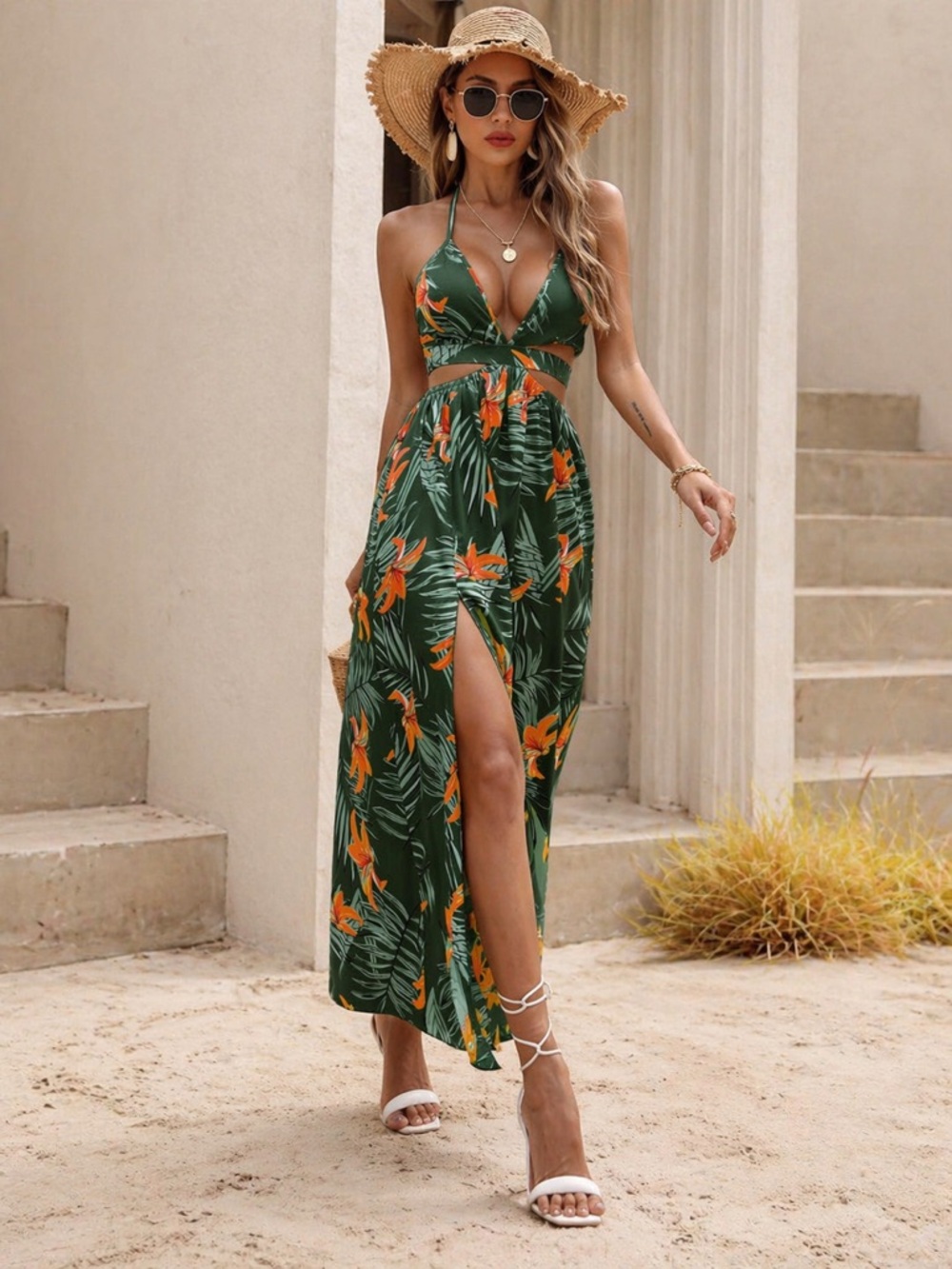 Green Tropical Cutout Maxi Dress Halter High Slit Size Small NWT